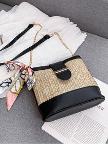 Skinny Scarf Decor Straw Bag - Black - View 2