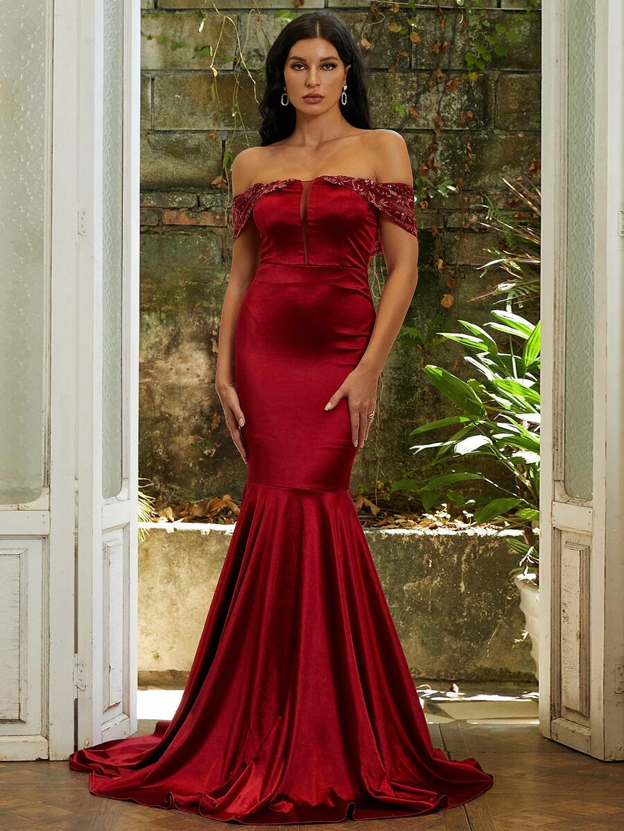 Missord 一字肩蕾絲拼接魚尾裙下擺正式連衣裙