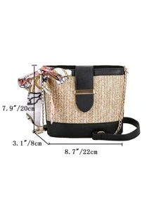 Skinny Scarf Decor Straw Bag - Black - View 3