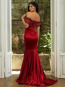 Missord 一字肩蕾絲拼接魚尾裙下擺正式連衣裙