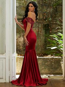 Missord 一字肩蕾絲拼接魚尾裙下擺正式連衣裙