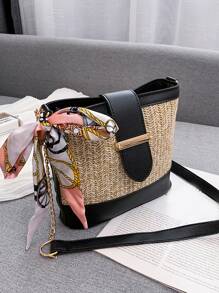 Skinny Scarf Decor Straw Bag - Black - View 6