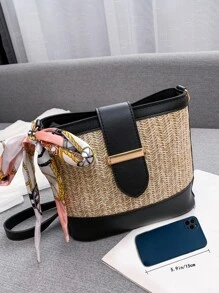 Skinny Scarf Decor Straw Bag - Black - View 7