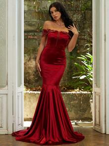 Missord 一字肩蕾絲拼接魚尾裙下擺正式連衣裙