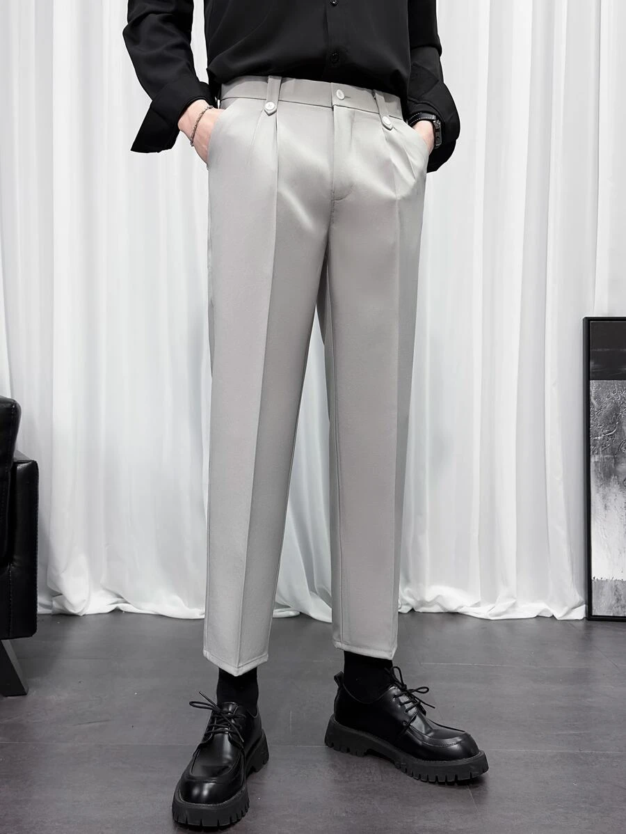 Men Slant Pocket Straight Leg Suit Trousers - Light Grey - View 1