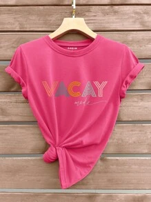 SHEIN VCAY 字母圖案T恤 - 玫紅色 - 查看 1