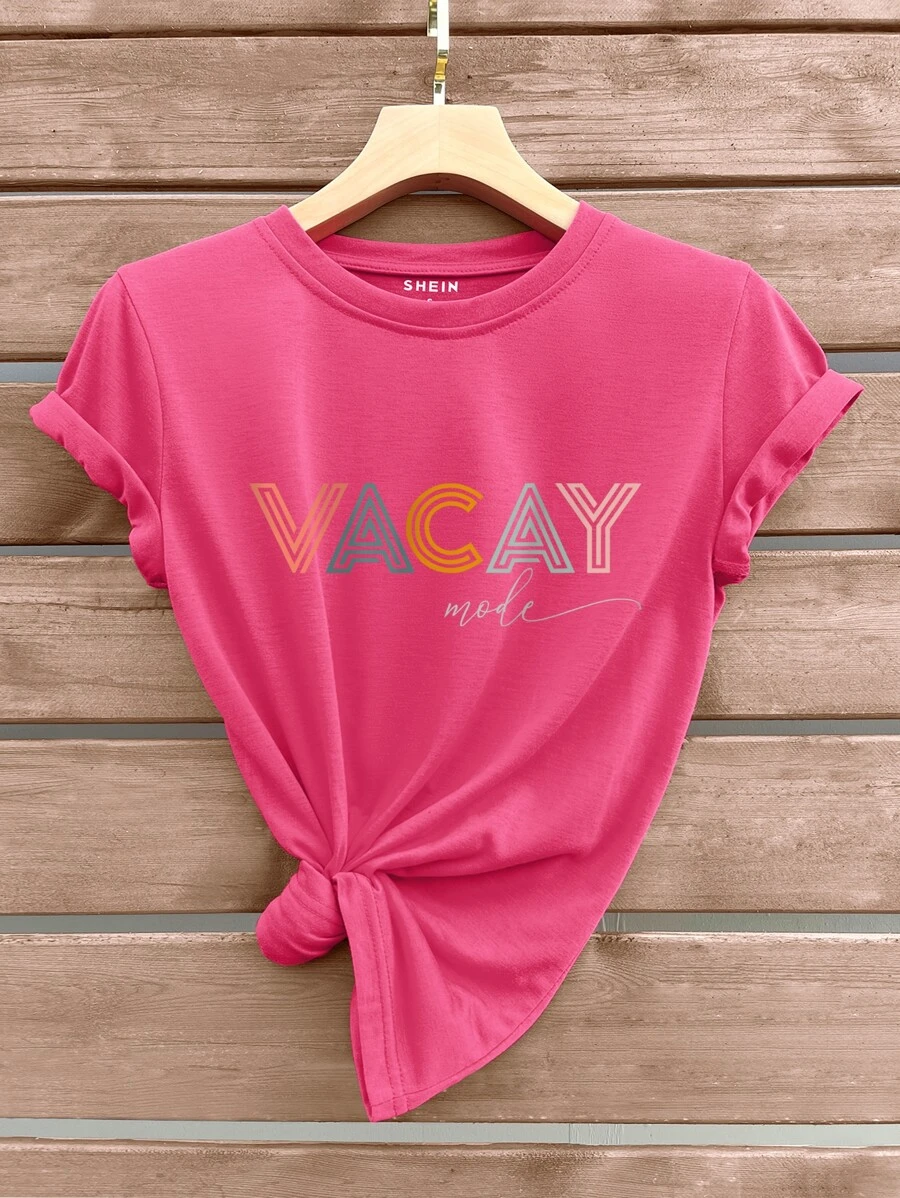 SHEIN VCAY 字母圖案T恤 - 玫紅色 - 查看 1