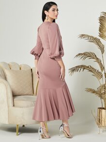 Modelyn Split Sleeve Mermaid Hem Dress Long Evening Dresses - Dusty Pink - View 2