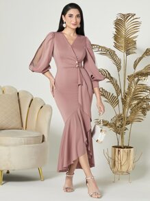 Modelyn Split Sleeve Mermaid Hem Dress Long Evening Dresses - Dusty Pink - View 3