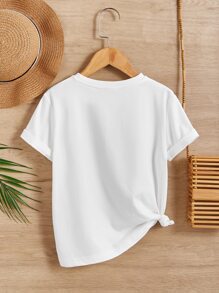 SHEIN Leap Crew 青少年女孩幸運草和標語圖案T恤 - 白色 - 查看 2