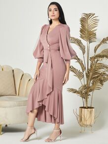 Modelyn Split Sleeve Mermaid Hem Dress Long Evening Dresses - Dusty Pink - View 4