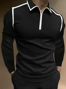 Manfinity Homme Áo thun có cổ Nam Dây kéo màu trơn Giải trí - màu đen - Xem 1