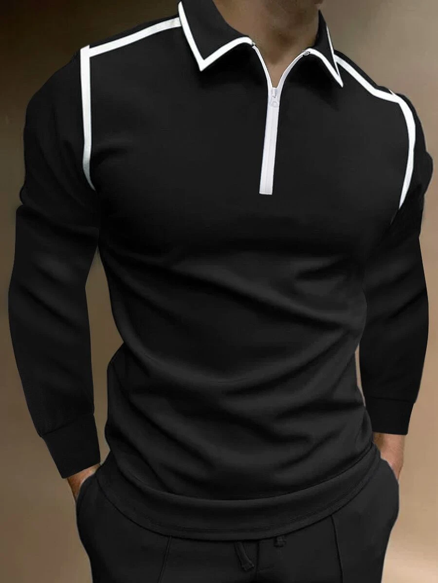 Manfinity Homme Áo thun có cổ Nam Dây kéo màu trơn Giải trí - màu đen - Xem 1