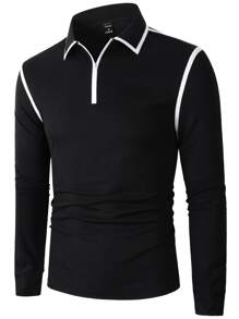 Manfinity Homme Áo thun có cổ Nam Dây kéo màu trơn Giải trí - màu đen - Xem 4