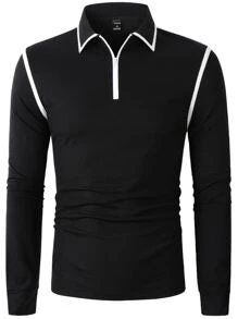 Manfinity Homme Áo thun có cổ Nam Dây kéo màu trơn Giải trí - màu đen - Xem 8