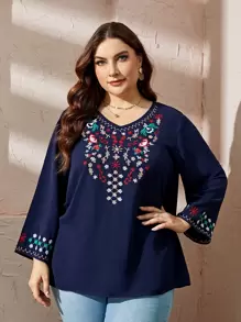 Mulvari 大碼花卉刺繡V領襯衫 - 藏蓝色 - 查看 1