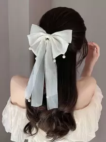 蝴蝶結和人造珍珠裝飾髮夾 - 白色 - 查看 1