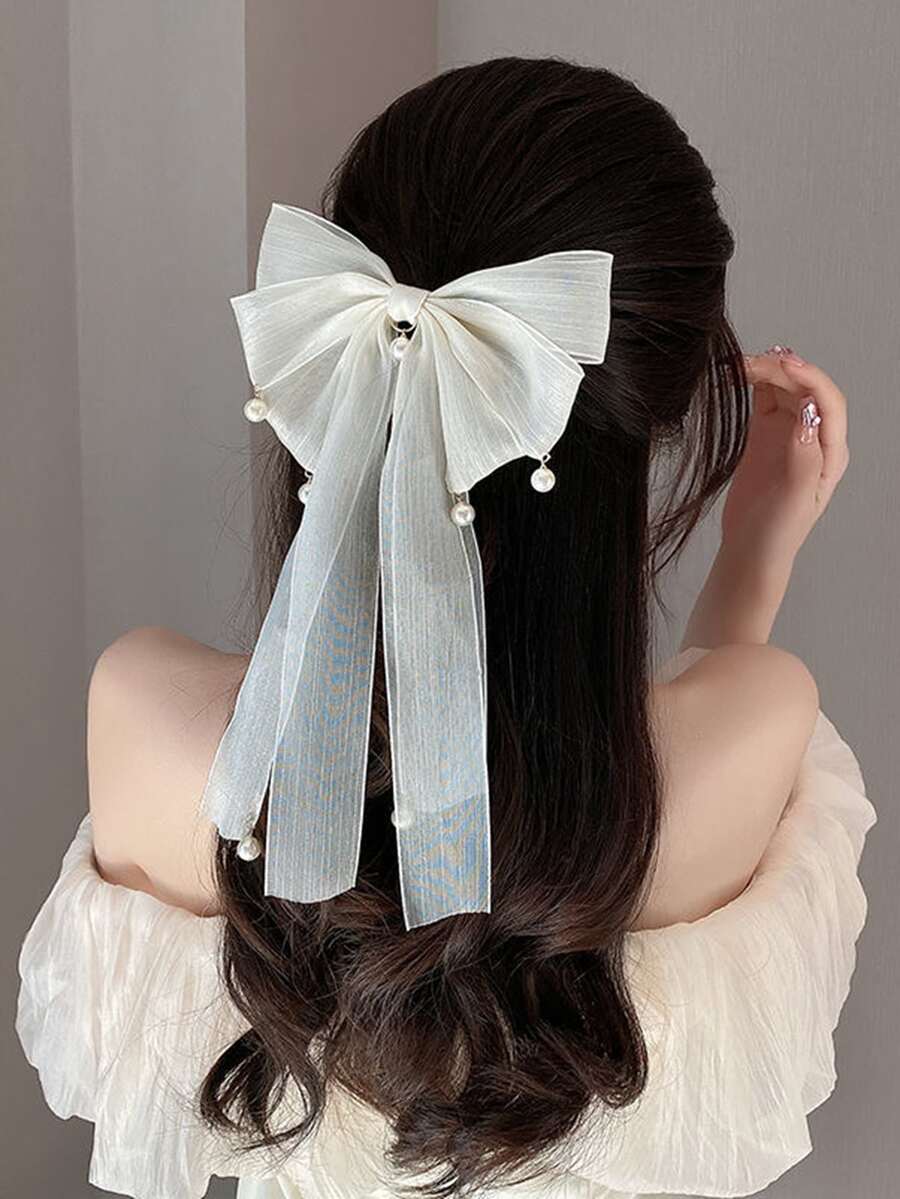 蝴蝶結和人造珍珠裝飾髮夾 - 白色 - 查看 1