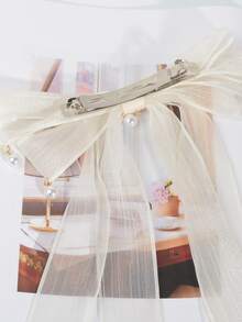 蝴蝶結和人造珍珠裝飾髮夾 - 白色 - 查看 2