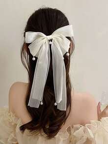 蝴蝶結和人造珍珠裝飾髮夾 - 白色 - 查看 3