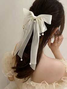 蝴蝶結和人造珍珠裝飾髮夾 - 白色 - 查看 4