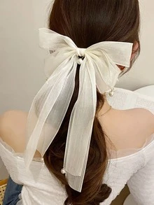 蝴蝶結和人造珍珠裝飾髮夾 - 白色 - 查看 5