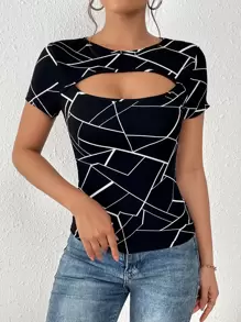 SHEIN Privé 幾何印花前鏤空T恤 - 黑色 - 查看 5