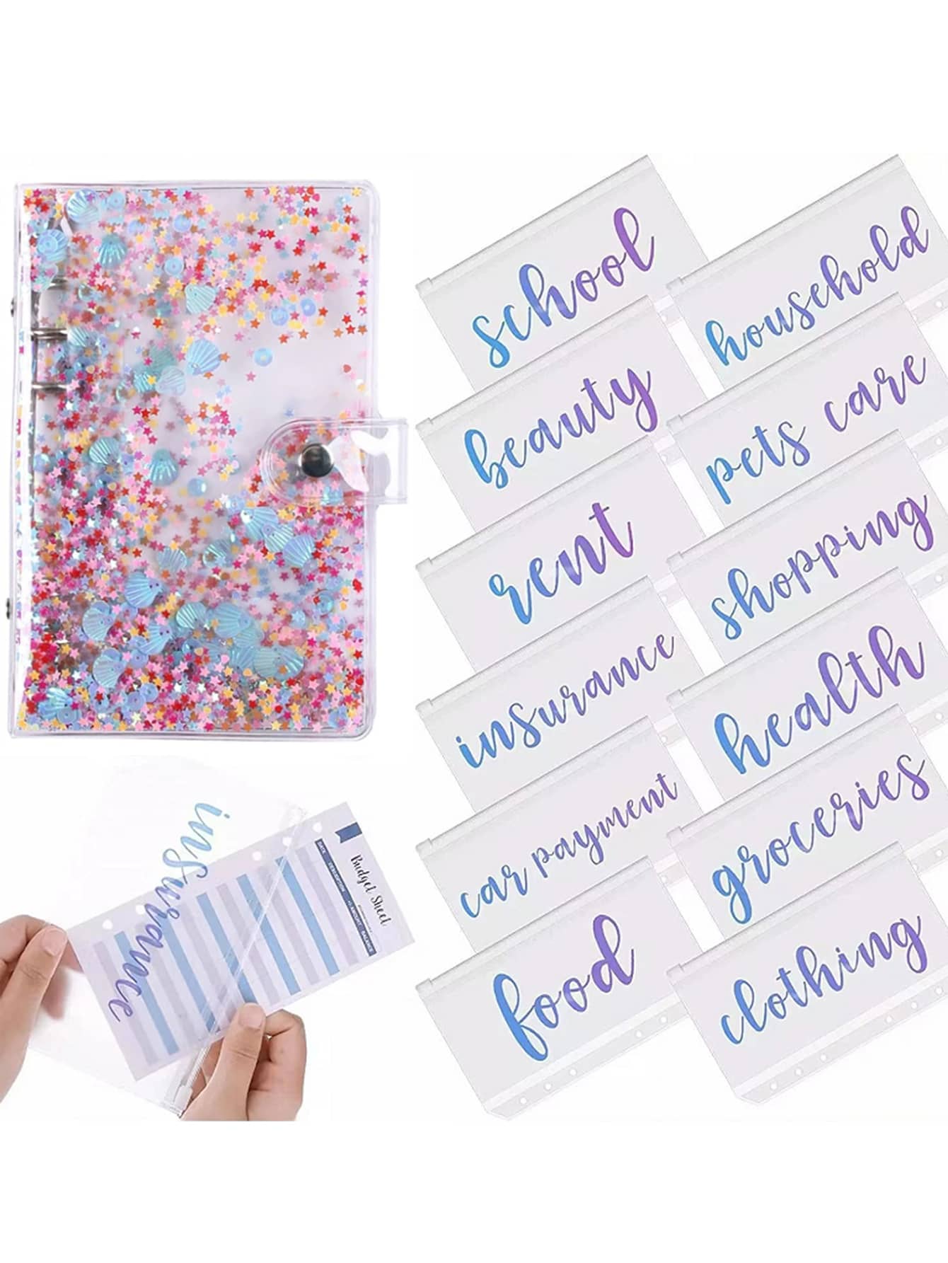 1入組亮片裝飾活頁封面和12入組帶預算紙活頁文入組袋 - 無色 - 查看 1