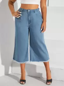 SHEIN Privé Quần Denim kích thước lớn Túi Hem thô Dây kéo màu trơn - Rửa nhẹ - Xem 4