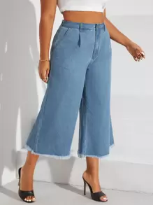 SHEIN Privé Grote maat cropped casual damesjeans met wijde pijpen, losse pasvorm, zakken, plooien en gerafelde zoom