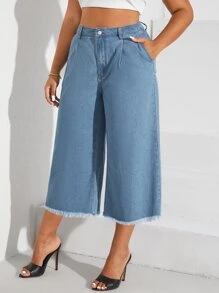 SHEIN Privé Grote maat cropped casual damesjeans met wijde pijpen, losse pasvorm, zakken, plooien en gerafelde zoom