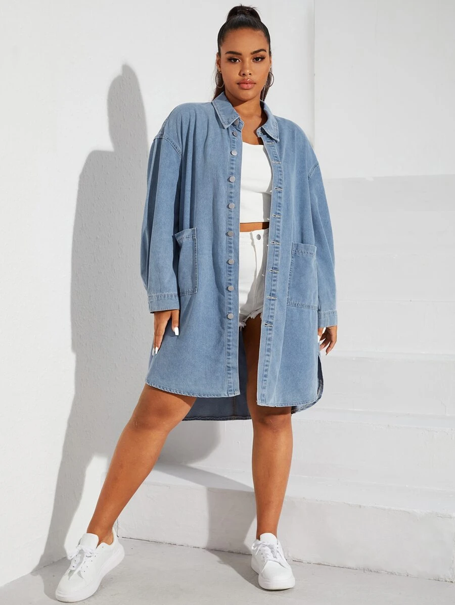 CovetEZ Cazadora mezclilla de hombros caídos con parche de bolsillo - Lavado ligero - Ver 1