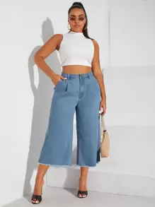 SHEIN Privé Quần Denim kích thước lớn Túi Hem thô Dây kéo màu trơn - Rửa nhẹ - Xem 1