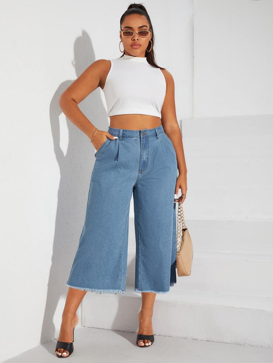 SHEIN Privé Quần Denim kích thước lớn Túi Hem thô Dây kéo màu trơn - Rửa nhẹ - Xem 1