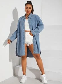 CovetEZ Cazadora mezclilla de hombros caídos con parche de bolsillo - Lavado ligero - Ver 3