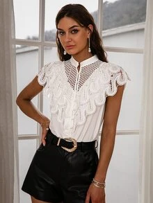 Simplee 拼接水溶蕾絲前紐扣襯衫 - 白色 - 查看 3