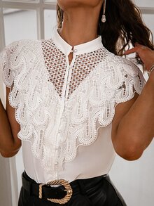 Simplee 拼接水溶蕾絲前紐扣襯衫 - 白色 - 查看 7