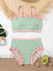 Tween Girl Frill Trim Bikini Set Summer Beach - Mint Green - View 1