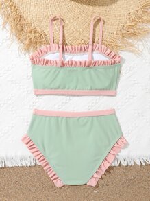 Tween Girl Frill Trim Bikini Set Summer Beach - Mint Green - View 2