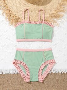 Tween Girl Frill Trim Bikini Set Summer Beach - Mint Green - View 4