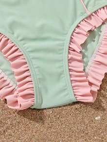 Tween Girl Frill Trim Bikini Set Summer Beach - Mint Green - View 5