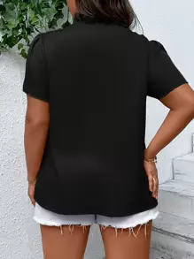 SHEIN LUNE 大碼繫帶領蝴蝶袖褶邊繫帶領襯衫 - 黑色 - 查看 2