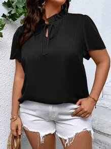 SHEIN LUNE 大碼繫帶領蝴蝶袖褶邊繫帶領襯衫 - 黑色 - 查看 3