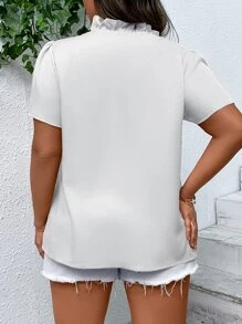 SHEIN LUNE Áo sơ mi Plus Size viền lá sen Thắt nơ trước màu trơn Giải trí - trắng - Xem 2