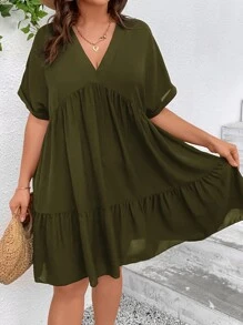 SHEIN VCAY Plus Batwing Sleeve Ruffle Hem Smock Dress - Army Green - View 1