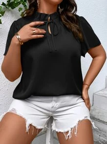 SHEIN LUNE 大碼繫帶領蝴蝶袖褶邊繫帶領襯衫 - 黑色 - 查看 4