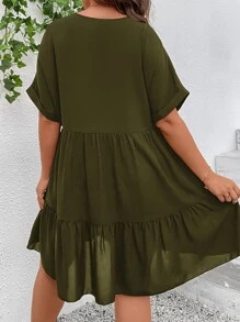 SHEIN VCAY Plus Batwing Sleeve Ruffle Hem Smock Dress - Army Green - View 2