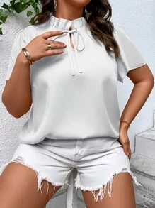 SHEIN LUNE Áo sơ mi Plus Size viền lá sen Thắt nơ trước màu trơn Giải trí - trắng - Xem 4