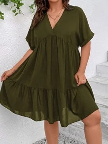SHEIN VCAY Plus Batwing Sleeve Ruffle Hem Smock Dress - Army Green - View 3