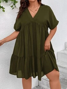 SHEIN VCAY Plus Batwing Sleeve Ruffle Hem Smock Dress - Army Green - View 4